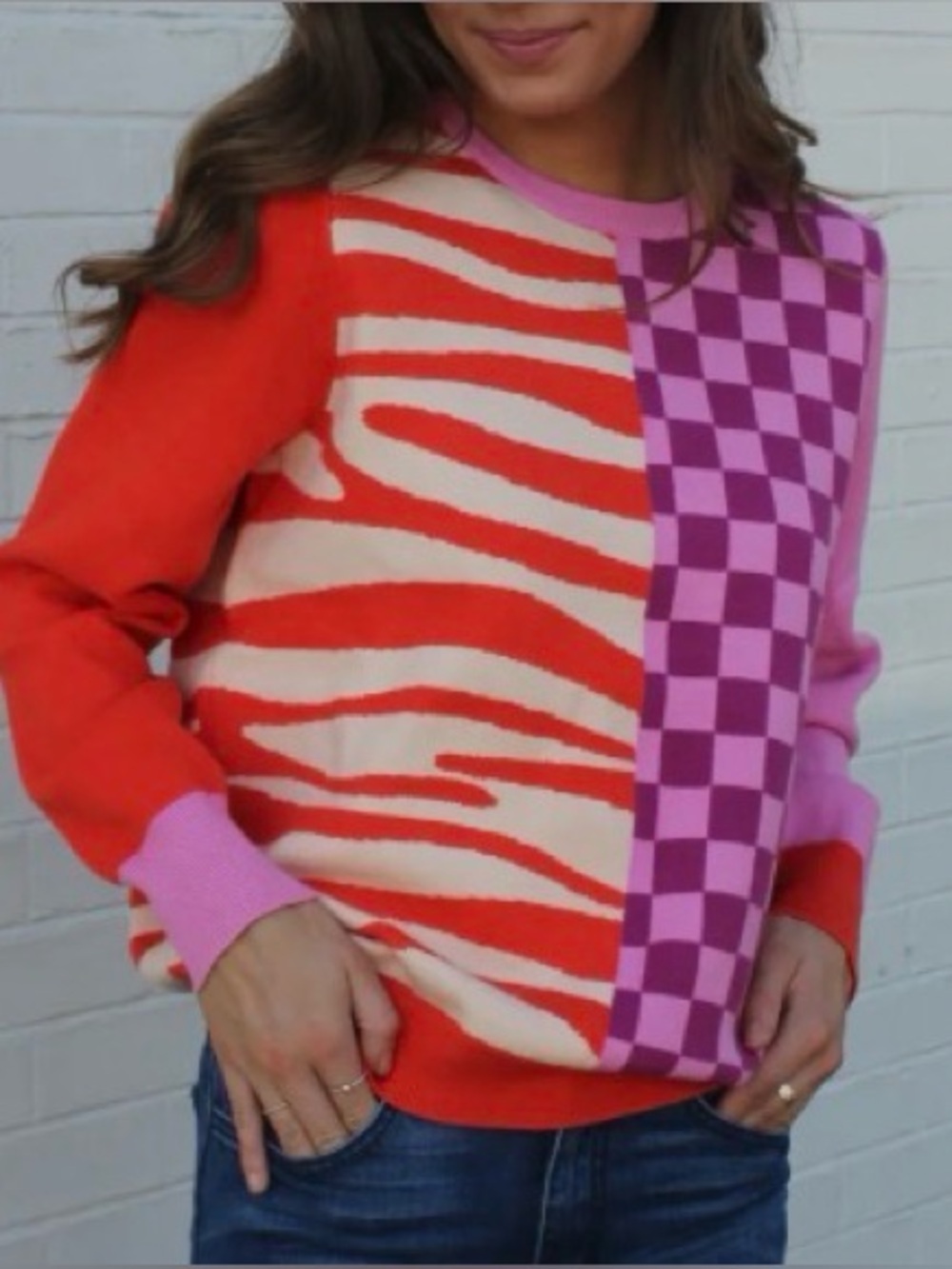 THML Checkered Tiger Long Sleeve Sweater Purple Orange Women’s Size Medium